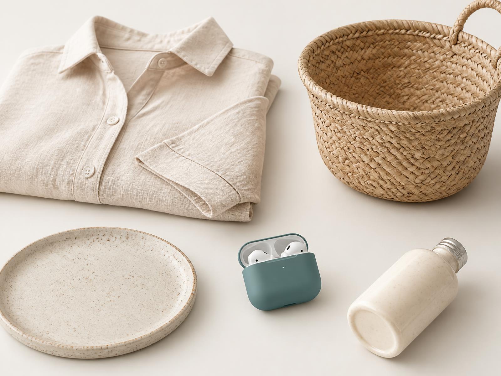 Flat-lay of marketplace products: linen shirt, woven basket, stoneware plate, earbuds and body butter
